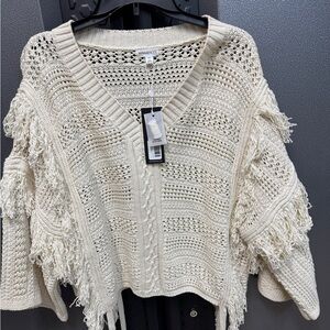 Minnie Rose Cream V-Neck Sweater with Fringe